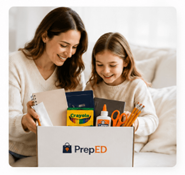 Mother and child smiling while opening a Prep-Ed school box
